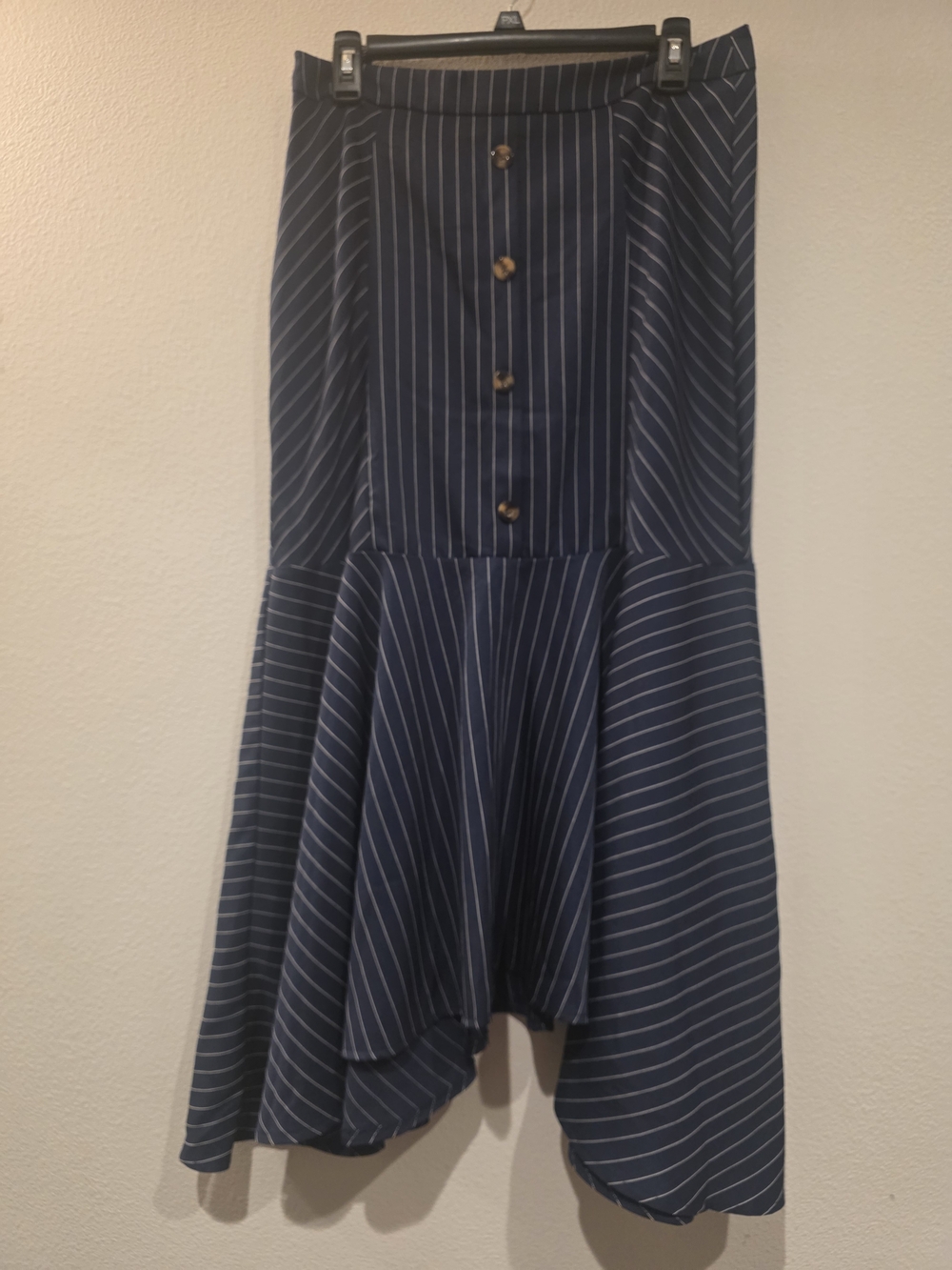 Striped Navy High-Low Flounce-Hem Button-Front Midi Pencil Skirt